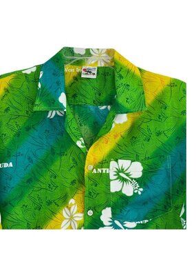 Island Expressions Men L Hawaiian Tropical Shirt Green Rayon Floral Short Sleeve